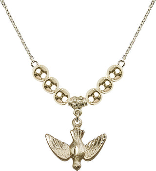 18" Hamilton Gold Plated Necklace with 6mm 14kt Gold Filled Beads featuring a 14kt Gold Filled Holy Spirit Medal.
