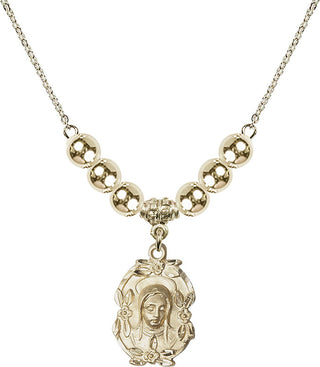 18" Hamilton Gold Plated Necklace with 6mm 14kt Gold Filled Beads featuring a 14kt Gold Filled Madonna Medal.