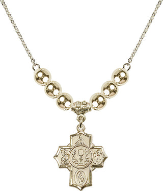 18" Hamilton Gold Plated Necklace with 6mm 14kt Gold Filled Beads featuring a 14kt Gold Filled Communion/5-Way Medal.