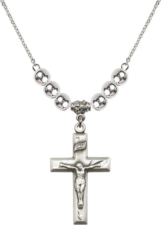 18" Rhodium Plated Necklace with 6mm Sterling Silver Beads featuring a Sterling Silver Crucifix Medal.