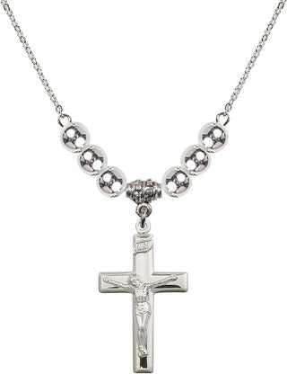 18" Rhodium Plated Necklace with 6mm Sterling Silver Beads featuring a Sterling Silver Crucifix Medal.