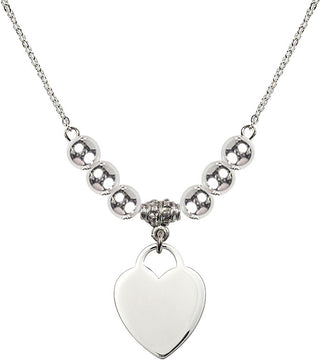 18" Rhodium Plated Necklace with 6mm Sterling Silver Beads featuring a Sterling Silver Heart Medal. Engraved Catholic Saint Jewelry