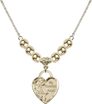 18" Hamilton Gold Plated Necklace with 6mm 14kt Gold Filled Beads featuring a 14kt Gold Filled Guardian Angel Heart Medal. Engraved Catholic Saint Jewelry