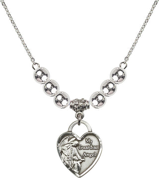 18" Rhodium Plated Necklace with 6mm Sterling Silver Beads featuring a Sterling Silver Guardian Angel Heart Medal. Engraved Catholic Saint Jewelry