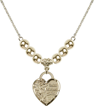 18" Hamilton Gold Plated Necklace with 6mm 14kt Gold Filled Beads featuring a 14kt Gold Filled Saint Michael the Archangel Medal. Engraved Catholic Saint Jewelry