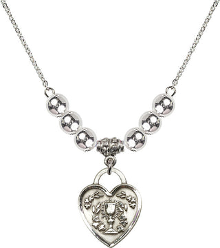18" Rhodium Plated Necklace with 6mm Sterling Silver Beads featuring a Sterling Silver Communion Heart Medal. Engraved Catholic Saint Jewelry