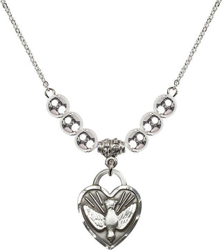 18" Rhodium Plated Necklace with 6mm Sterling Silver Beads featuring a Sterling Silver Confirmation Heart Medal. Engraved Catholic Saint Jewelry