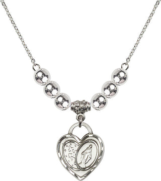 18" Rhodium Plated Necklace with 6mm Sterling Silver Beads featuring a Sterling Silver Miraculous Heart Medal.