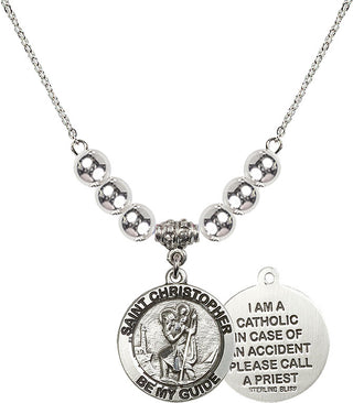 18" Rhodium Plated Necklace with 6mm Sterling Silver Beads featuring a Sterling Silver Saint Christopher Medal.