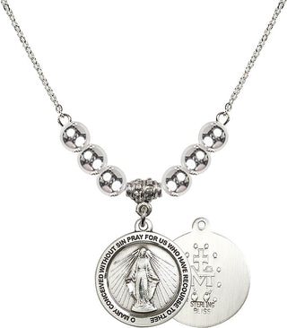 18" Rhodium Plated Necklace with 6mm Sterling Silver Beads featuring a Sterling Silver Miraculous Medal.