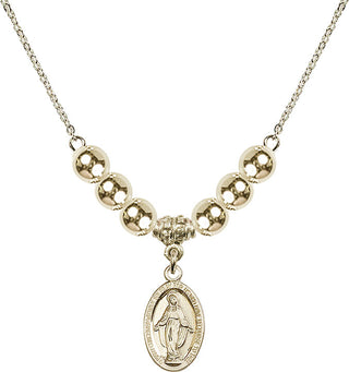 18" Hamilton Gold Plated Necklace with 6mm 14kt Gold Filled Beads featuring a 14kt Gold Filled Miraculous Medal.