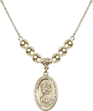 18" Hamilton Gold Plated Necklace with 6mm 14kt Gold Filled Beads featuring a 14kt Gold Filled Saint Christopher Medal. Engraved Catholic Saint Jewelry