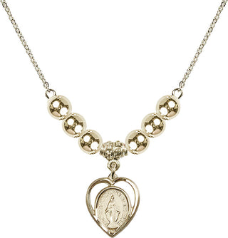 18" Hamilton Gold Plated Necklace with 6mm 14kt Gold Filled Beads featuring a 14kt Gold Filled Miraculous Medal.
