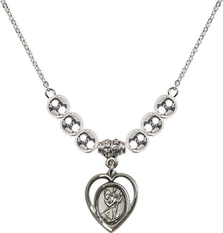 18" Rhodium Plated Necklace with 6mm Sterling Silver Beads featuring a Sterling Silver Saint Christopher Medal.