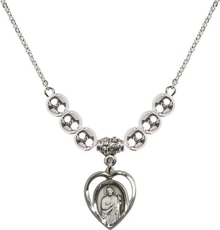 18" Rhodium Plated Necklace with 6mm Sterling Silver Beads featuring a Sterling Silver Saint Jude Medal.
