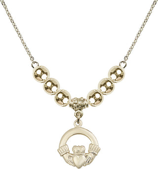 18" Hamilton Gold Plated Necklace with 6mm 14kt Gold Filled Beads featuring a 14kt Gold Filled Claddagh Medal.