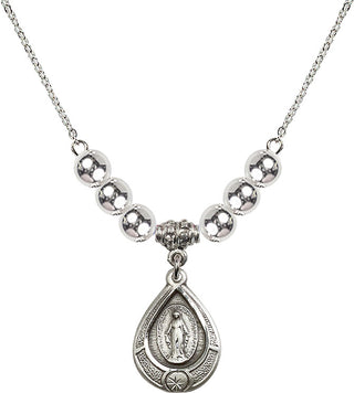 18" Rhodium Plated Necklace with 6mm Sterling Silver Beads featuring a Sterling Silver Miraculous Medal.