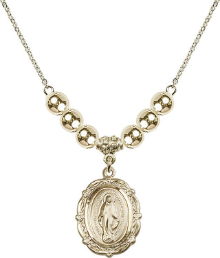 18" Hamilton Gold Plated Necklace with 6mm 14kt Gold Filled Beads featuring a 14kt Gold Filled Miraculous Medal.