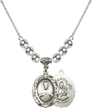 18" Rhodium Plated Necklace with 6mm Sterling Silver Beads featuring a Sterling Silver Scapular Medal.