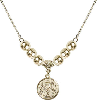 18" Hamilton Gold Plated Necklace with 6mm 14kt Gold Filled Beads featuring a 14kt Gold Filled Communion Chalice Medal.