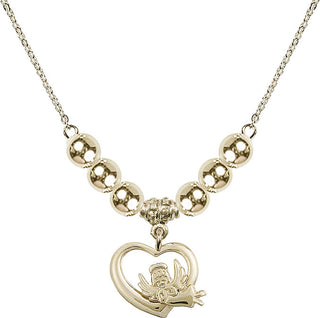 18" Hamilton Gold Plated Necklace with 6mm 14kt Gold Filled Beads featuring a 14kt Gold Filled Heart / Guardian Angel Medal.
