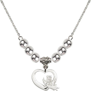 18" Rhodium Plated Necklace with 6mm Sterling Silver Beads featuring a Sterling Silver Heart / Guardian Angel Medal.