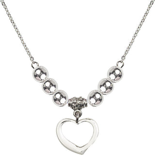 18" Rhodium Plated Necklace with 6mm Sterling Silver Beads featuring a Sterling Silver Heart Medal.