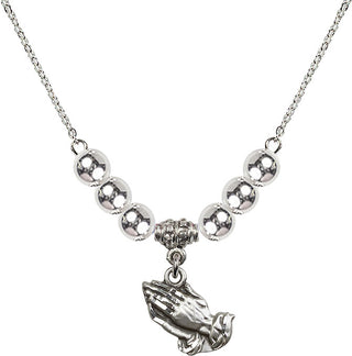 18" Rhodium Plated Necklace with 6mm Sterling Silver Beads featuring a Sterling Silver Praying Hands Medal.