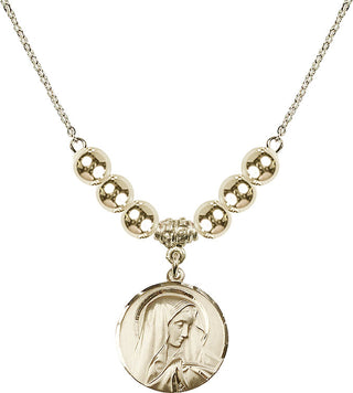 18" Hamilton Gold Plated Necklace with 6mm 14kt Gold Filled Beads featuring a 14kt Gold Filled Sorrowful Mother Medal.
