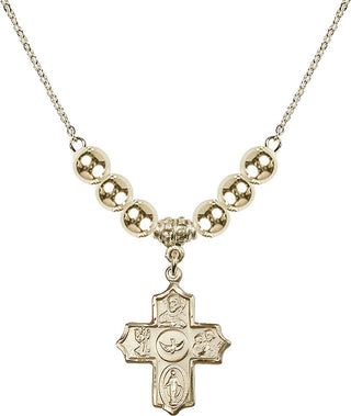 18" Hamilton Gold Plated Necklace with 6mm 14kt Gold Filled Beads featuring a 14kt Gold Filled 5-Way Medal.