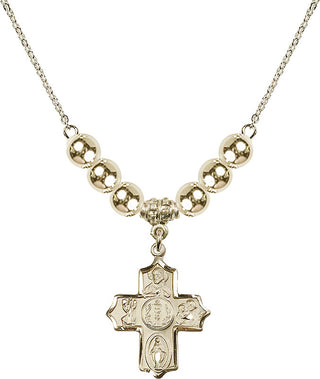 18" Hamilton Gold Plated Necklace with 6mm 14kt Gold Filled Beads featuring a 14kt Gold Filled 4-Way Medal.