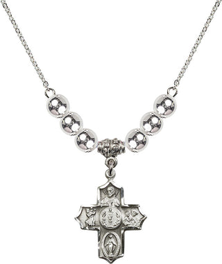 18" Rhodium Plated Necklace with 6mm Sterling Silver Beads featuring a Sterling Silver 4-Way Medal.