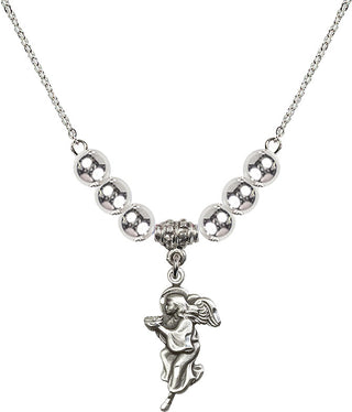 18" Rhodium Plated Necklace with 6mm Sterling Silver Beads featuring a Sterling Silver Guardian Angel Medal.