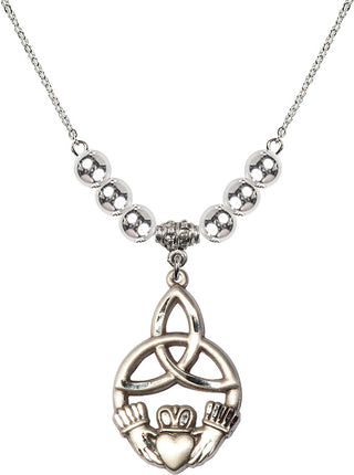 18" Rhodium Plated Necklace with 6mm Sterling Silver Beads featuring a Sterling Silver Irish Knot / Claddagh Medal.