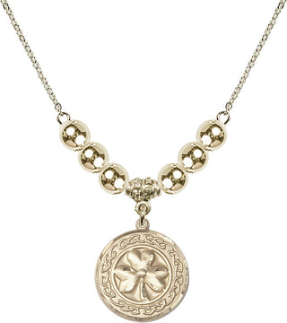 18" Hamilton Gold Plated Necklace with 6mm 14kt Gold Filled Beads featuring a 14kt Gold Filled Shamrock with Celtic Border Medal.