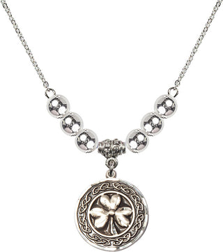 18" Rhodium Plated Necklace with 6mm Sterling Silver Beads featuring a Sterling Silver Shamrock with Celtic Border Medal.