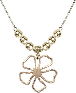 18" Hamilton Gold Plated Necklace with 6mm 14kt Gold Filled Beads featuring a 14kt Gold Filled Five Pedal Flower Medal.