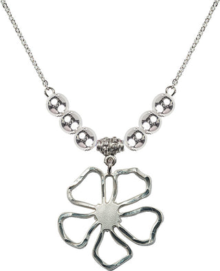 18" Rhodium Plated Necklace with 6mm Sterling Silver Beads featuring a Sterling Silver Five Pedal Flower Medal.