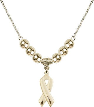 18" Hamilton Gold Plated Necklace with 6mm 14kt Gold Filled Beads featuring a 14kt Gold Filled Cancer Awareness Medal.