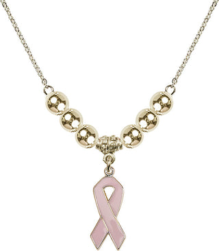 18" Hamilton Gold Plated Necklace with 6mm 14kt Gold Filled Beads featuring a 14kt Gold Filled Cancer Awareness Medal.