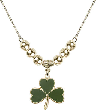 18" Hamilton Gold Plated Necklace with 6mm 14kt Gold Filled Beads featuring a 14kt Gold Filled Shamrock Medal.