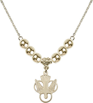 18" Hamilton Gold Plated Necklace with 6mm 14kt Gold Filled Beads featuring a 14kt Gold Filled Holy Spirit Medal.