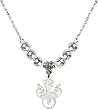 18" Rhodium Plated Necklace with 6mm Sterling Silver Beads featuring a Sterling Silver Holy Spirit Medal.
