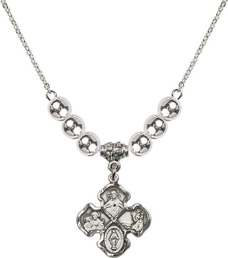 18" Rhodium Plated Necklace with 6mm Sterling Silver Beads featuring a Sterling Silver 4-Way Medal.