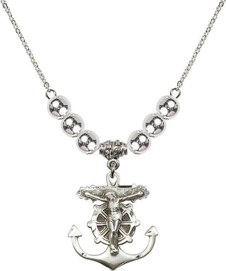 18" Rhodium Plated Necklace with 6mm Sterling Silver Beads featuring a Sterling Silver Anchor Crucifix Medal.