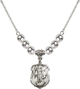 18" Rhodium Plated Necklace with 6mm Sterling Silver Beads featuring a Sterling Silver Saint Michael the Archangel Medal. Engraved Catholic Saint Jewelry