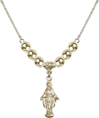 18" Hamilton Gold Plated Necklace with 6mm 14kt Gold Filled Beads featuring a 14kt Gold Filled Miraculous Medal.