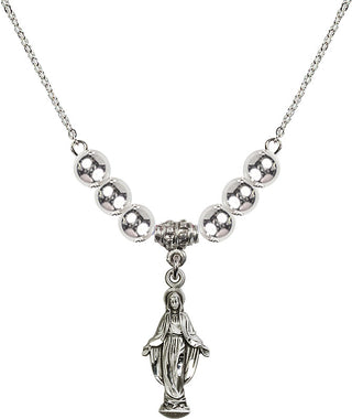 18" Rhodium Plated Necklace with 6mm Sterling Silver Beads featuring a Sterling Silver Miraculous Medal.