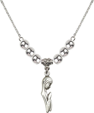 18" Rhodium Plated Necklace with 6mm Sterling Silver Beads featuring a Sterling Silver Madonna Medal.