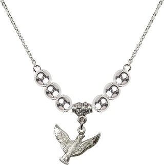 18" Rhodium Plated Necklace with 6mm Sterling Silver Beads featuring a Sterling Silver Holy Spirit Medal.